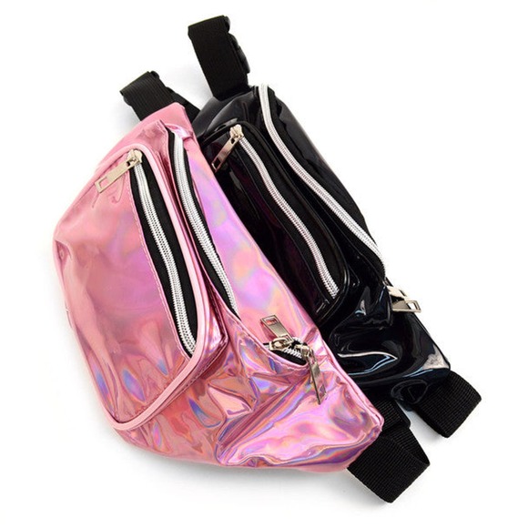 Iridescent Metallic Fanny Pack Belt Bag Sling Bag Pink - Picture 2 of 2